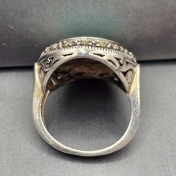 VTG 925 Sterling Silver Turquoise & Marcasite Ring Size 6.5 Signed Filigree - Picture 3 of 11